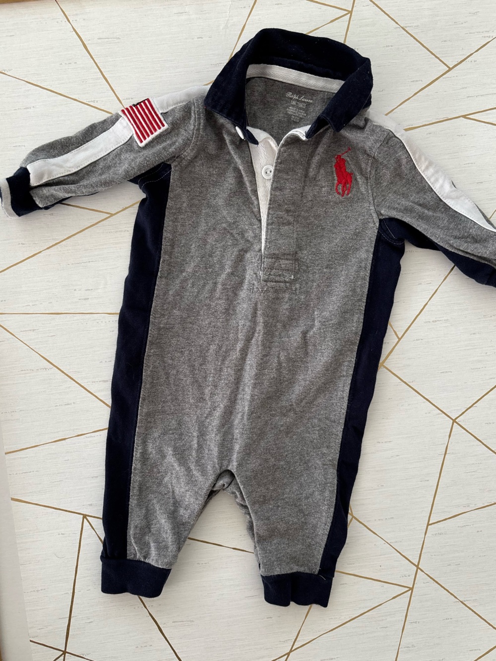 Polo by Ralph Lauren Gray & Navy Baby One-Piece with Red Logo